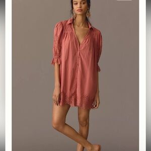 By Anthropologie Lace Tunic Dress Rust Red Lace Trim Shift Blouse size medium